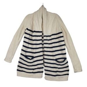 J. Crew Striped Open Front Cardigan Cowl Sweater Knit Pockets Cream Navy Sz XXS